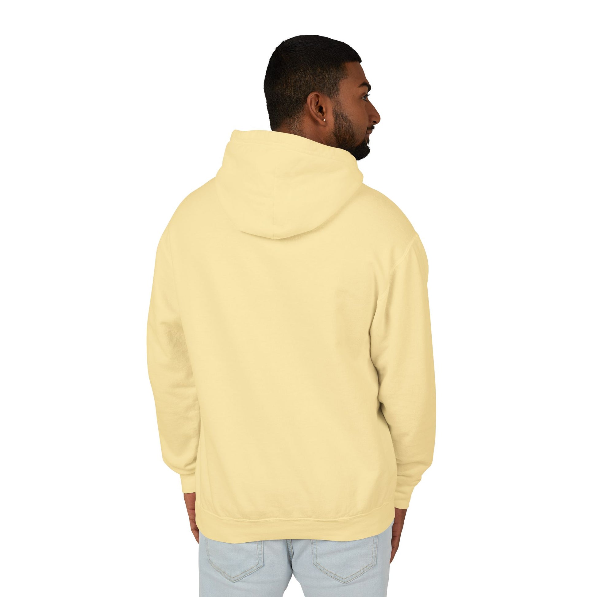 Model facing away, showing of the Butter or Light Yellow Alfa Romeo Racing hoodie with no designs on the back.
