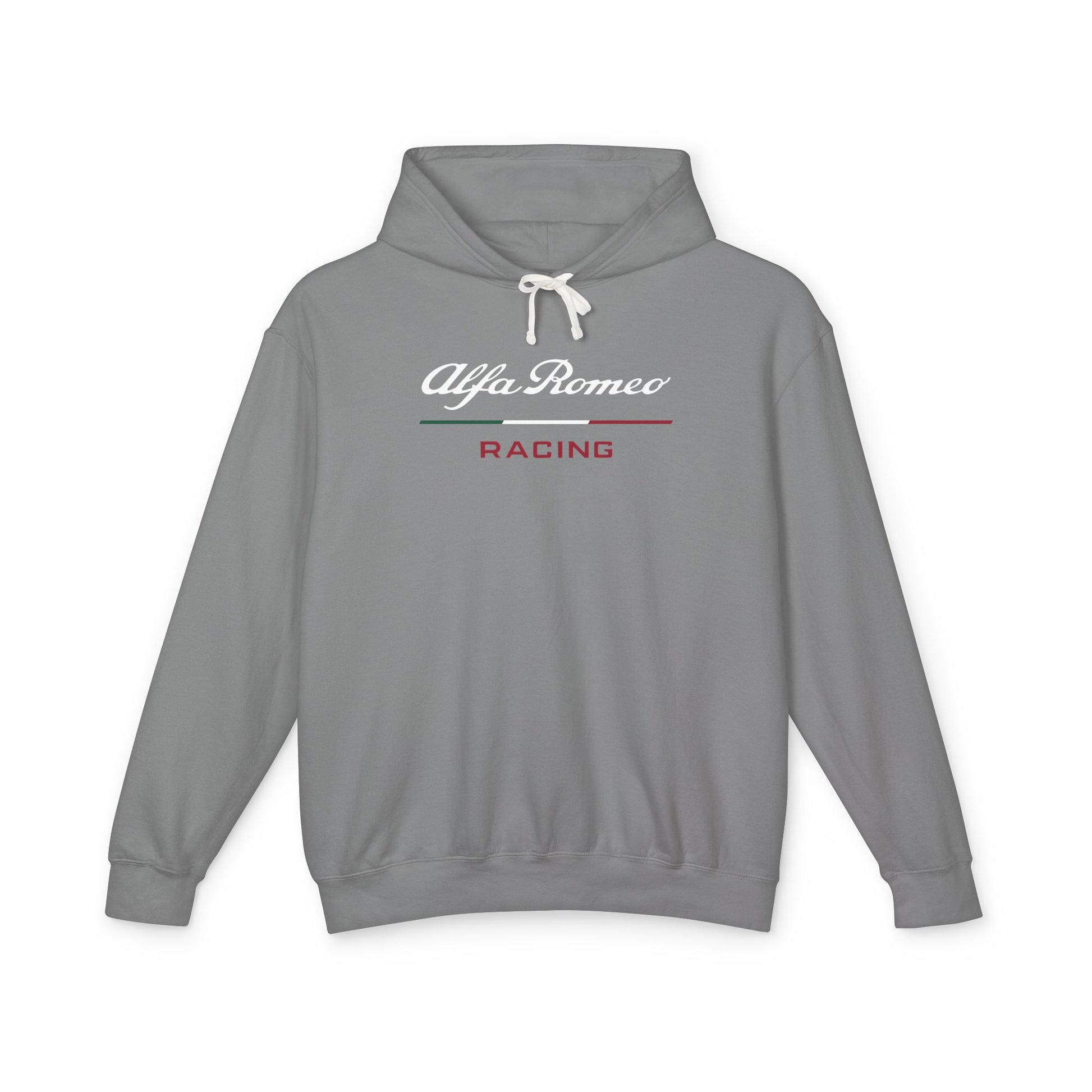 Grey hoodie with Alfa Romeo Racing logo in white on the front, featuring a natural-colored flatcord hood.
