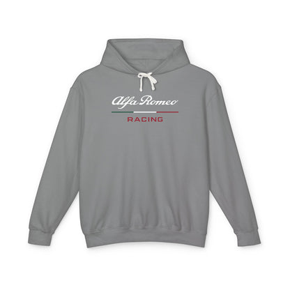 Grey hoodie with Alfa Romeo Racing logo in white on the front, featuring a natural-colored flatcord hood.
