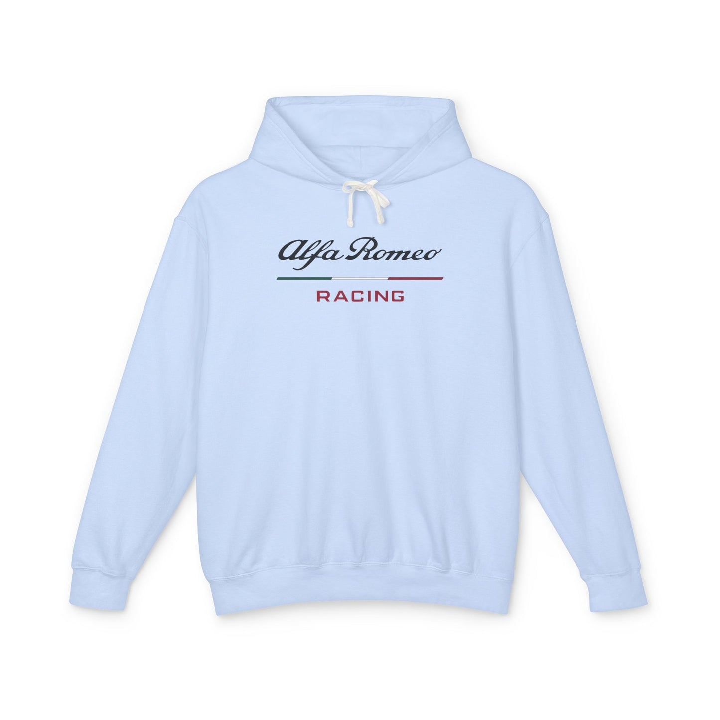 Hydrangea or Light Blue hoodie with Alfa Romeo Racing logo in Black on the front, featuring a natural-colored flatcord hood.
