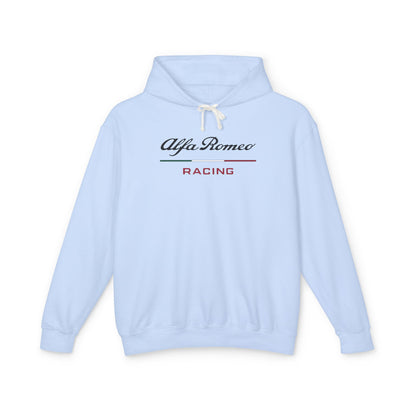 Hydrangea or Light Blue hoodie with Alfa Romeo Racing logo in Black on the front, featuring a natural-colored flatcord hood.
