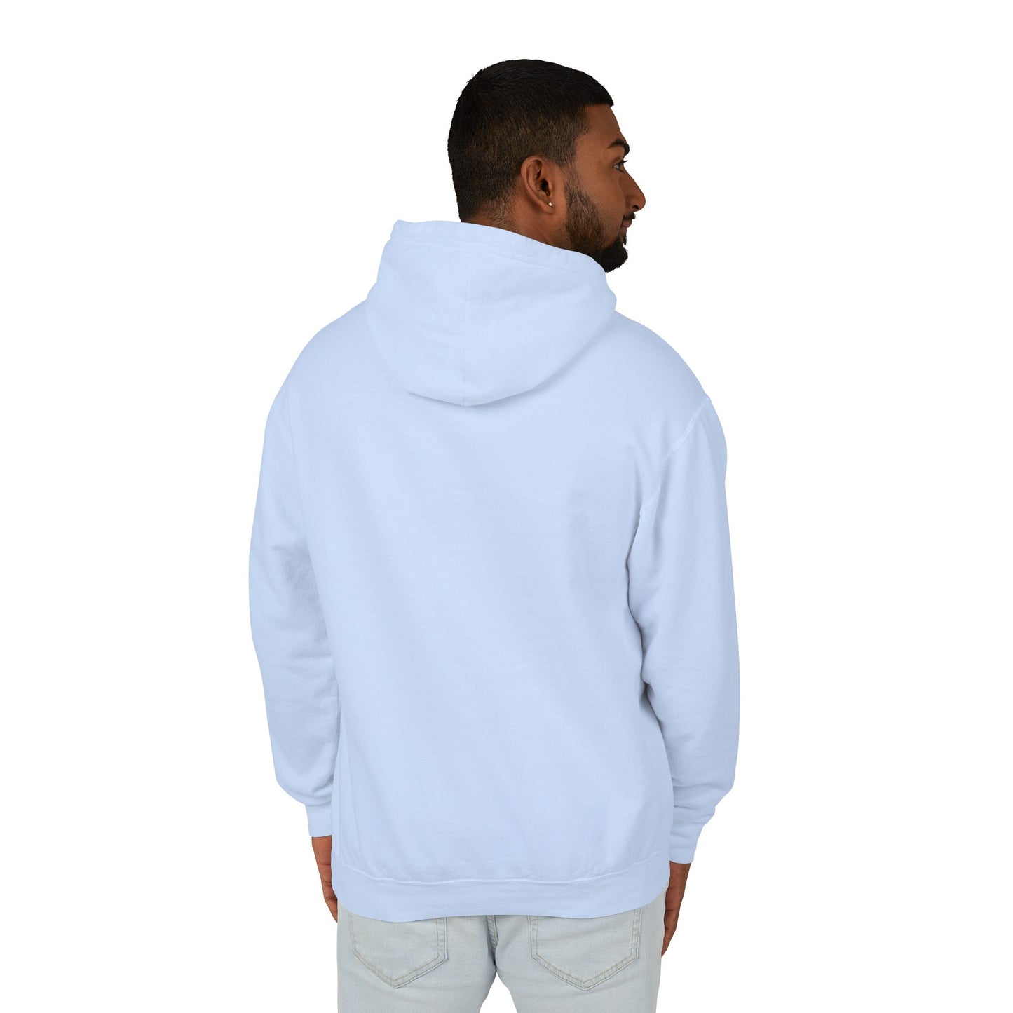 Model facing away, showing of the Hydrangea or Light Blue Alfa Romeo Racing hoodie with no designs on the back.
