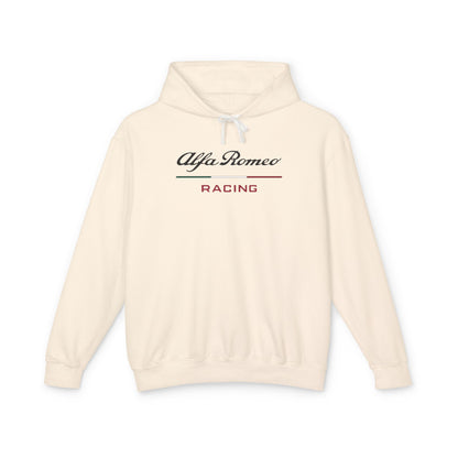 Ivory or Cream hoodie with Alfa Romeo Racing logo in Black on the front, featuring a natural-colored flatcord hood.
