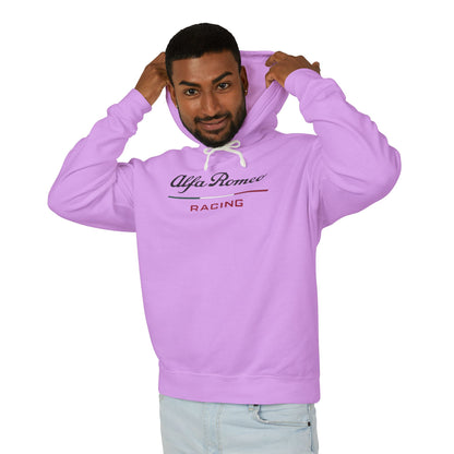 Model wearing a Neon Violet Alfa Romeo Racing hoodie with logo in black on the front, featuring a natural-colored flatcord hood.
