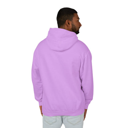 Model facing away, showing of the Neon Violet Alfa Romeo Racing hoodie with no designs on the back.
