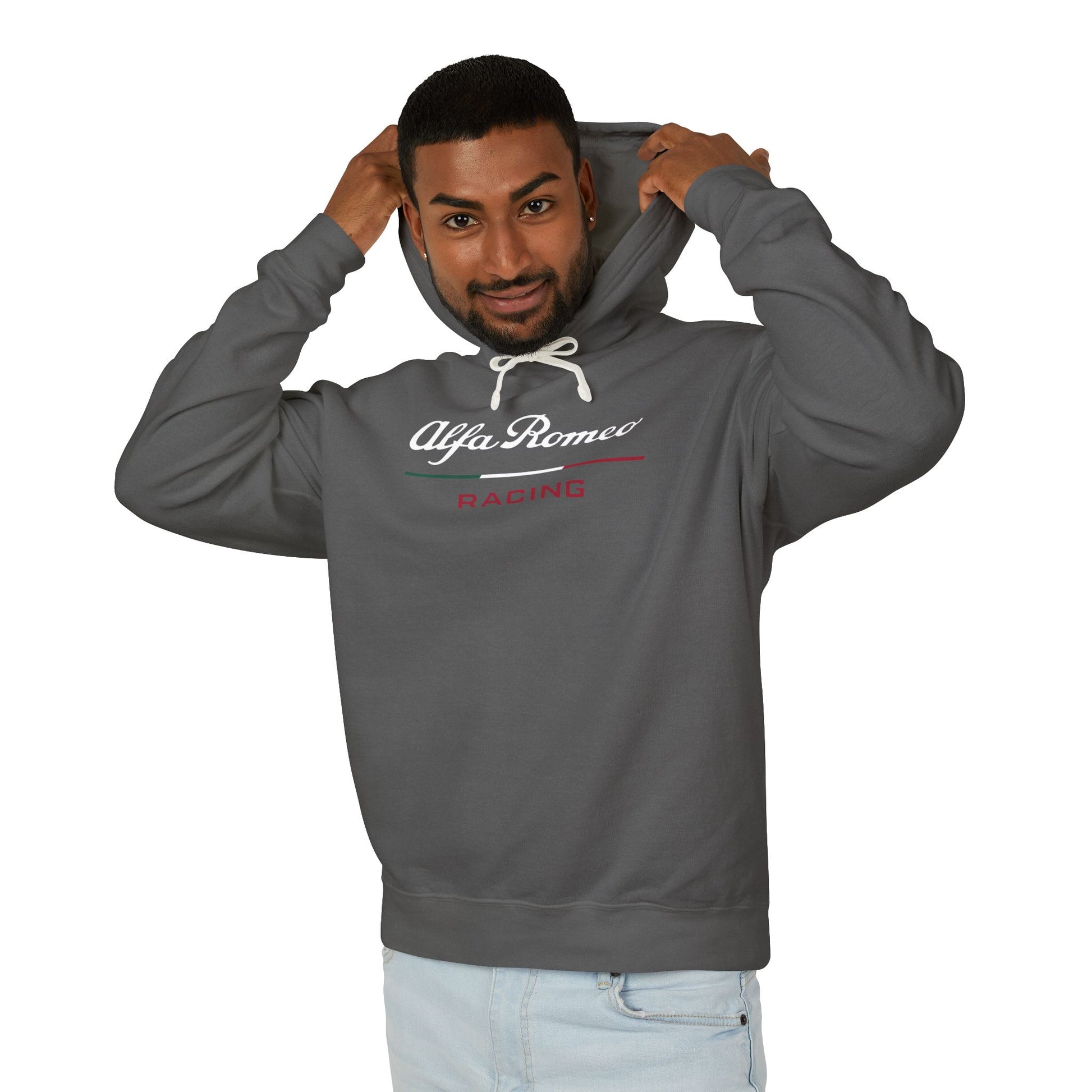 Model wearing a Pepper or Dark Grey Alfa Romeo Racing hoodie with logo in white on the front, featuring a natural-colored flatcord hood.
