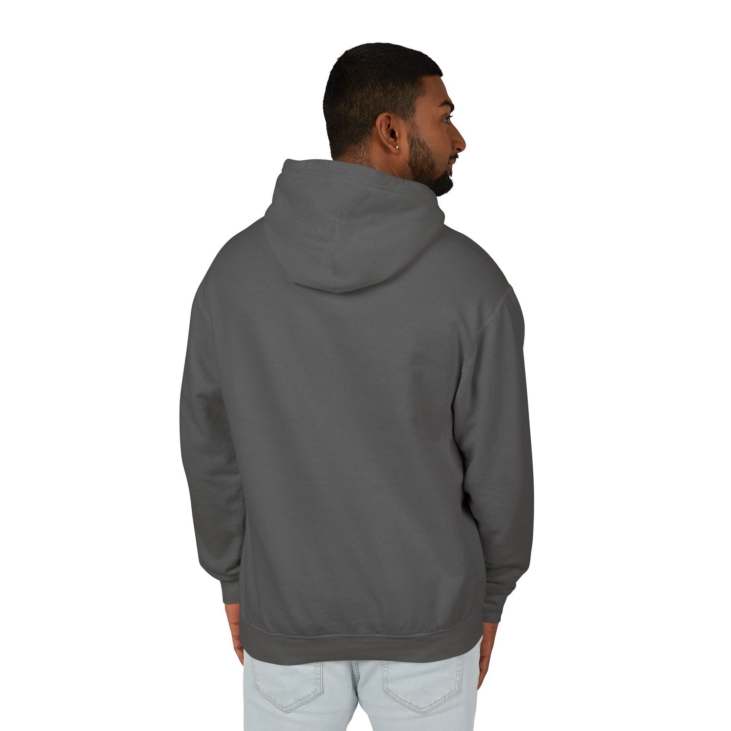 Model facing away, showing of the Pepper or Dark Grey Alfa Romeo Racing hoodie with no designs on the back.
