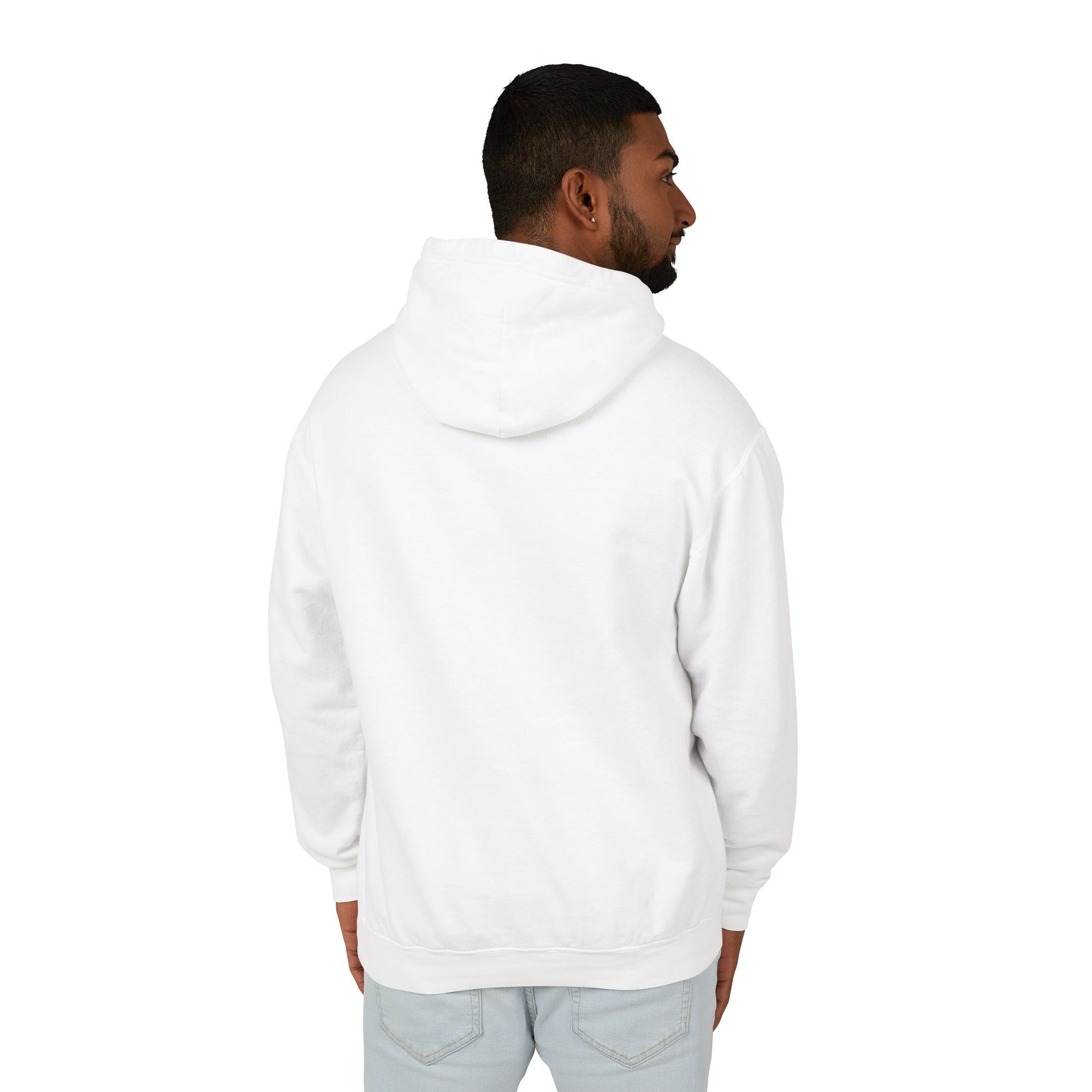 Model facing away, showing of the White Alfa Romeo Racing hoodie with no designs on the back.
