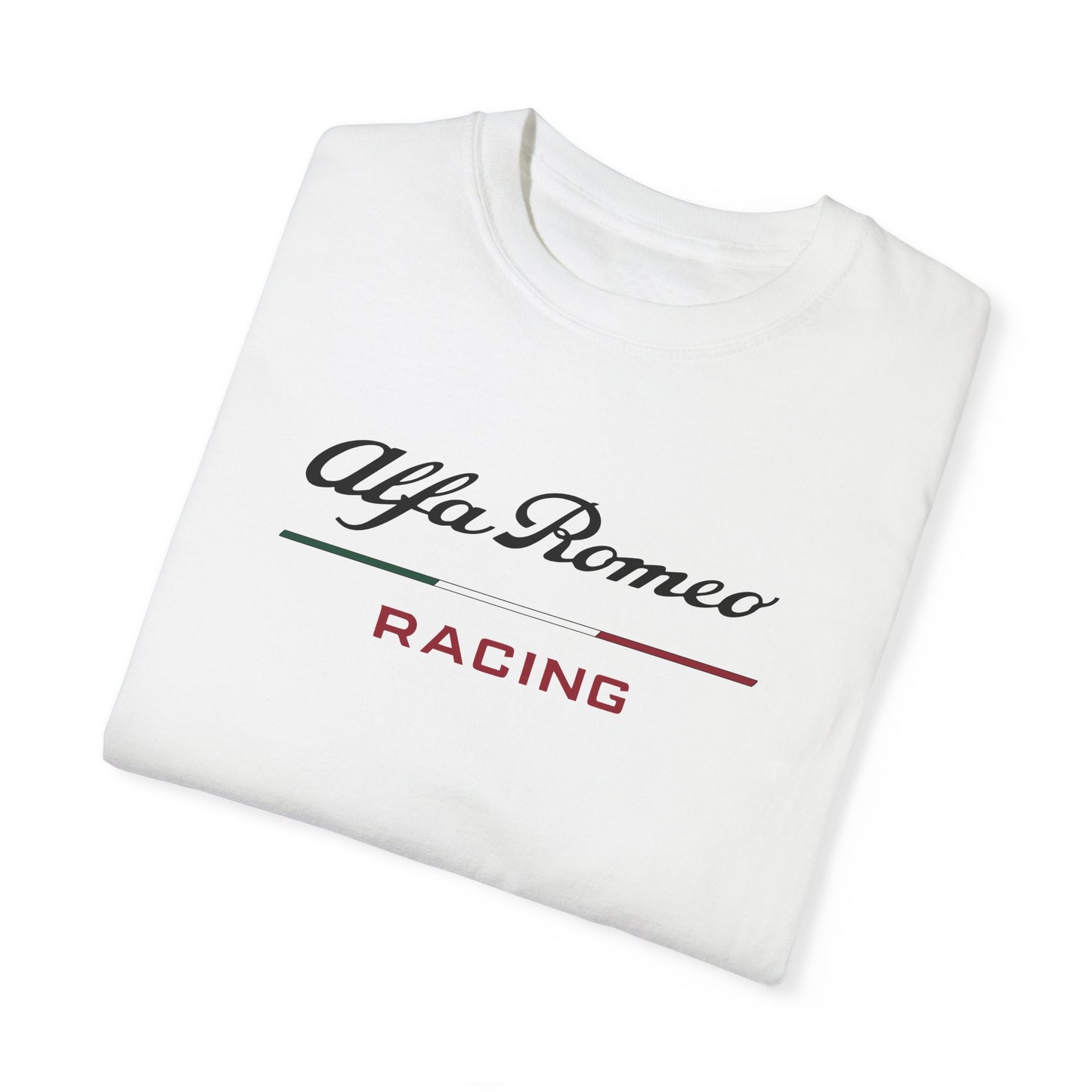 White Alfa Romeo Racing T-Shirt with black and red text, folded.