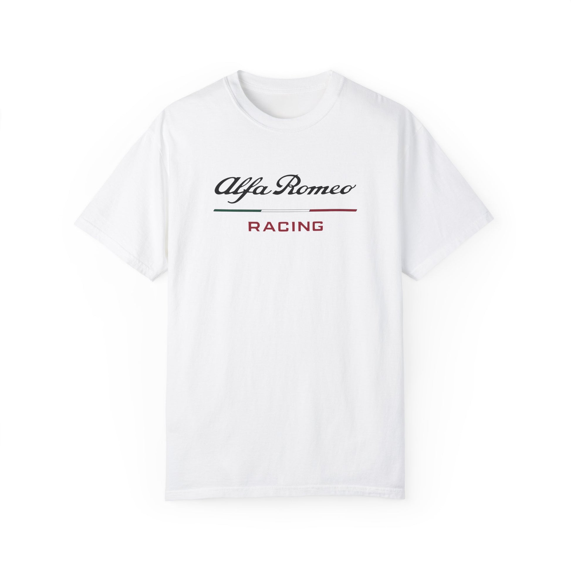 White Alfa Romeo Racing T-Shirt with black and red text.
