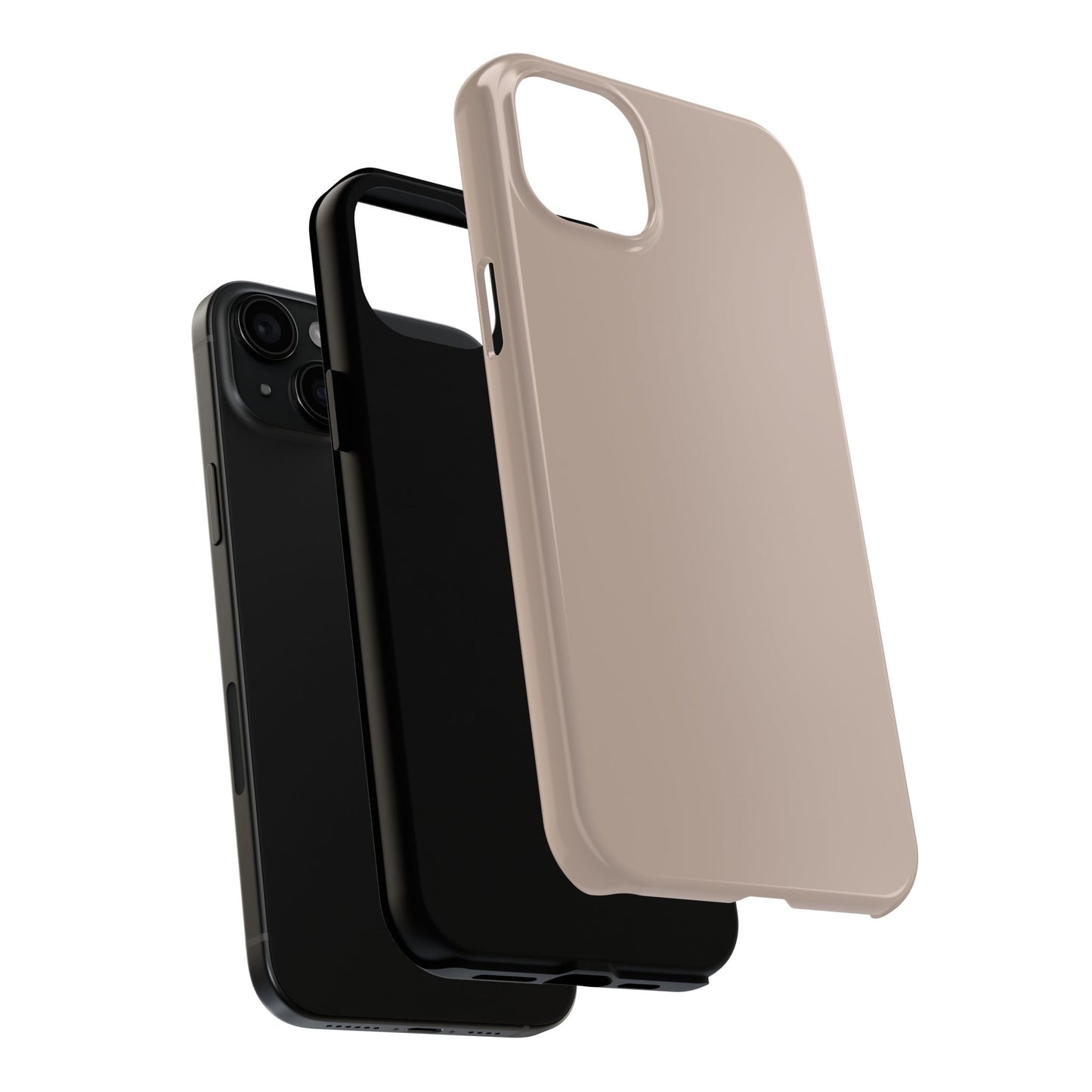 Exploded view of the iPhone 15 Plus Aston Martin Arizona Bronze phone case. 