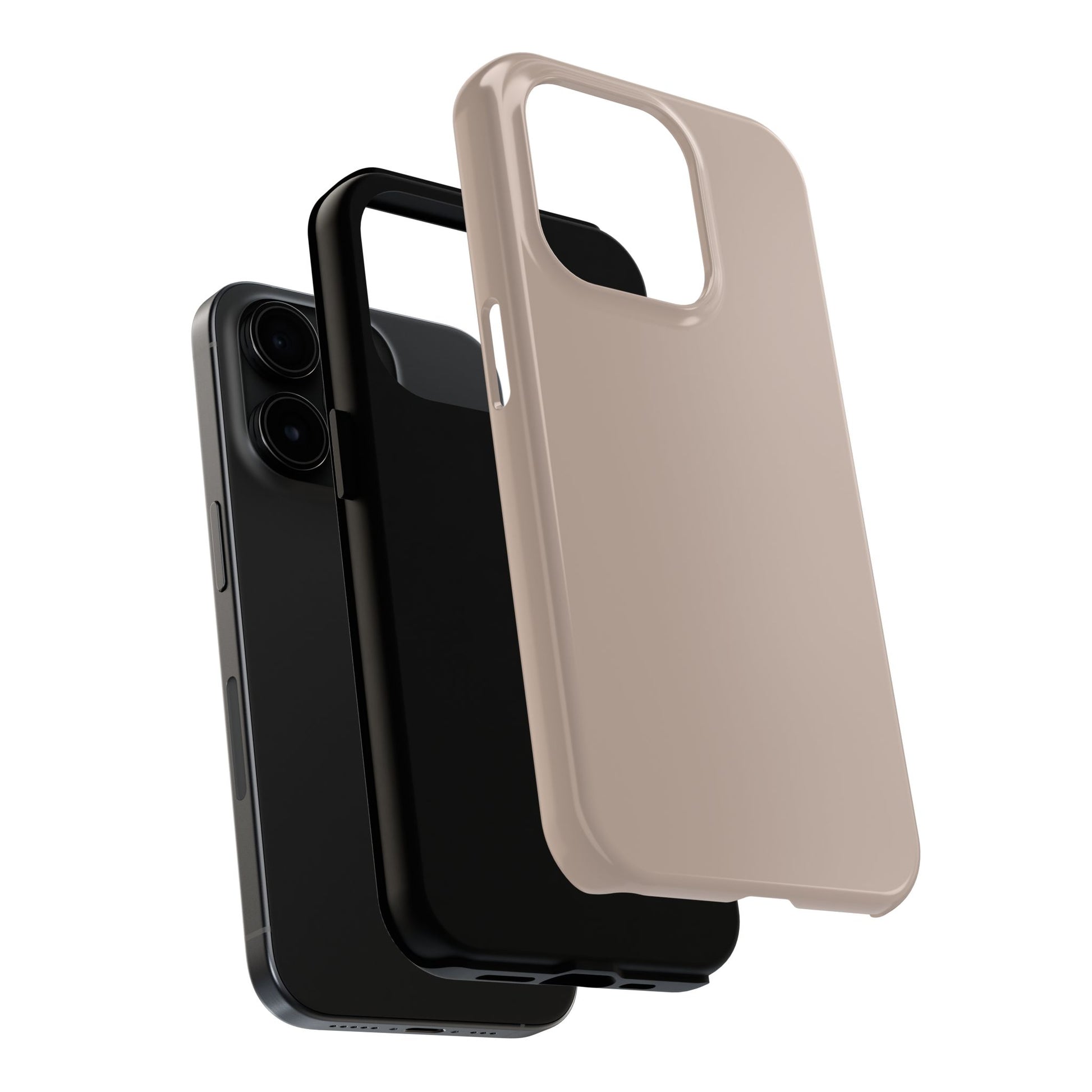 Exploded view of the iPhone 15 Pro Aston Martin Arizona Bronze phone case. 