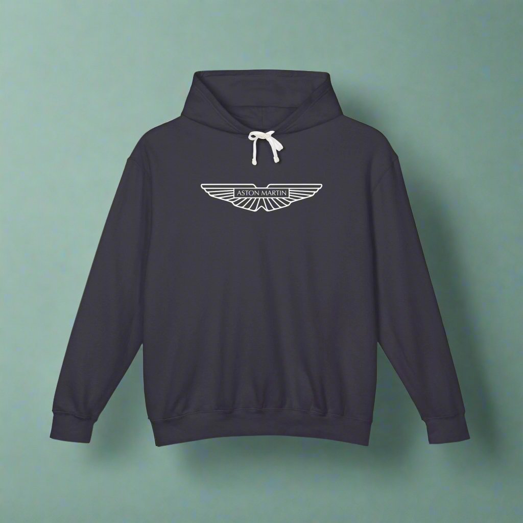 Black hoodie with Aston Martin logo in White on the front, featuring a natural-colored flatcord hood.