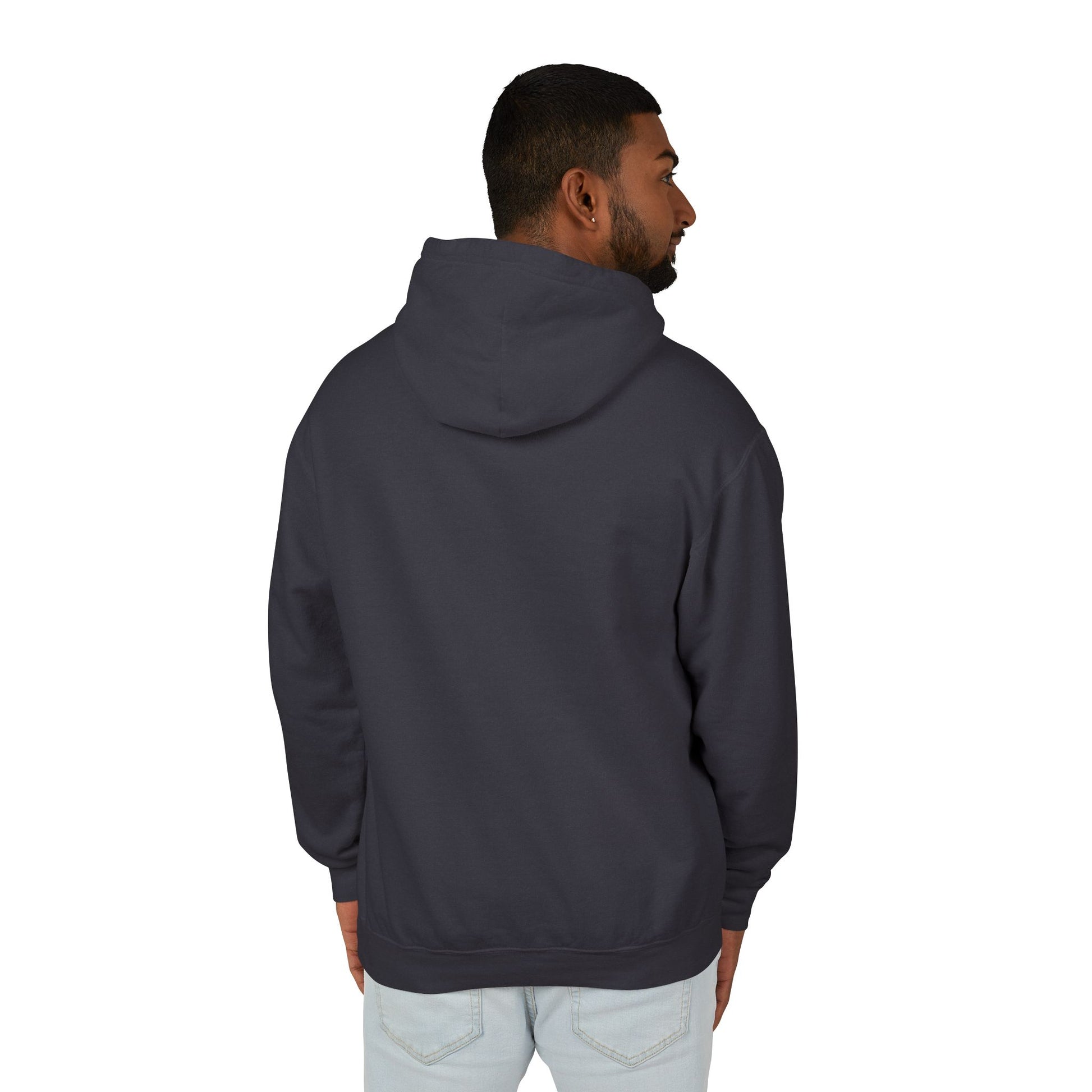 Model facing away, showing of the Black Aston Martin hoodie with no designs on the back.