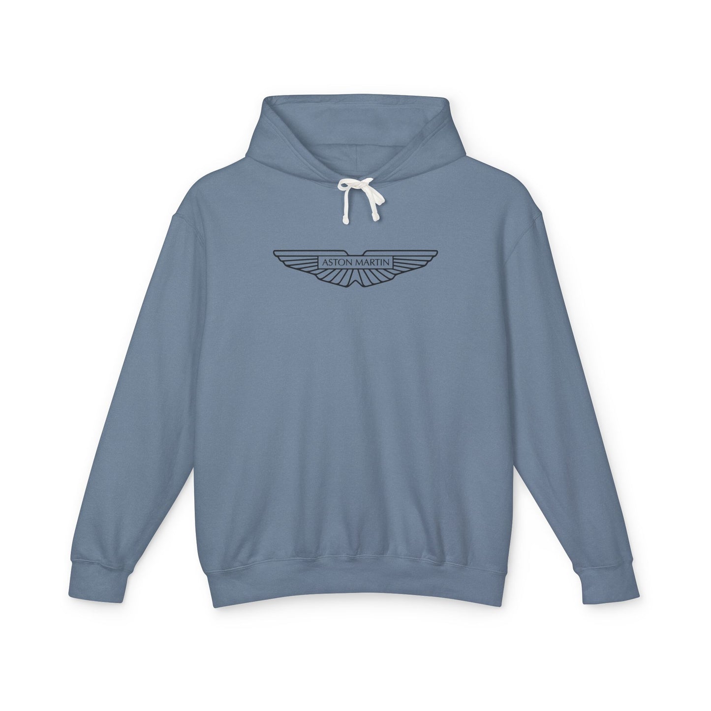 Blue Jean hoodie with Aston Martin logo in black on the front, featuring a natural-colored flatcord hood.