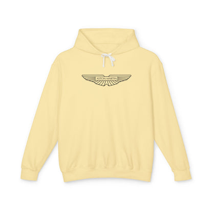 Butter or Light Yellow hoodie with Aston Martin logo in black on the front, featuring a natural-colored flatcord hood.