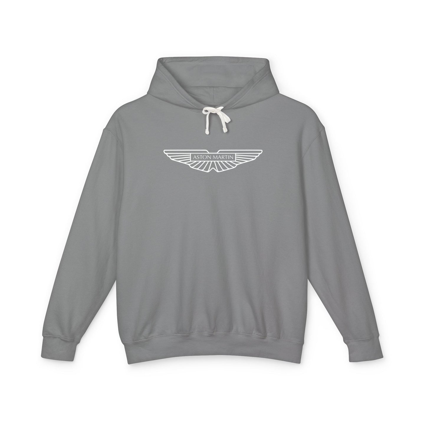 Grey hoodie with Aston Martin logo in white on the front, featuring a natural-colored flatcord hood.