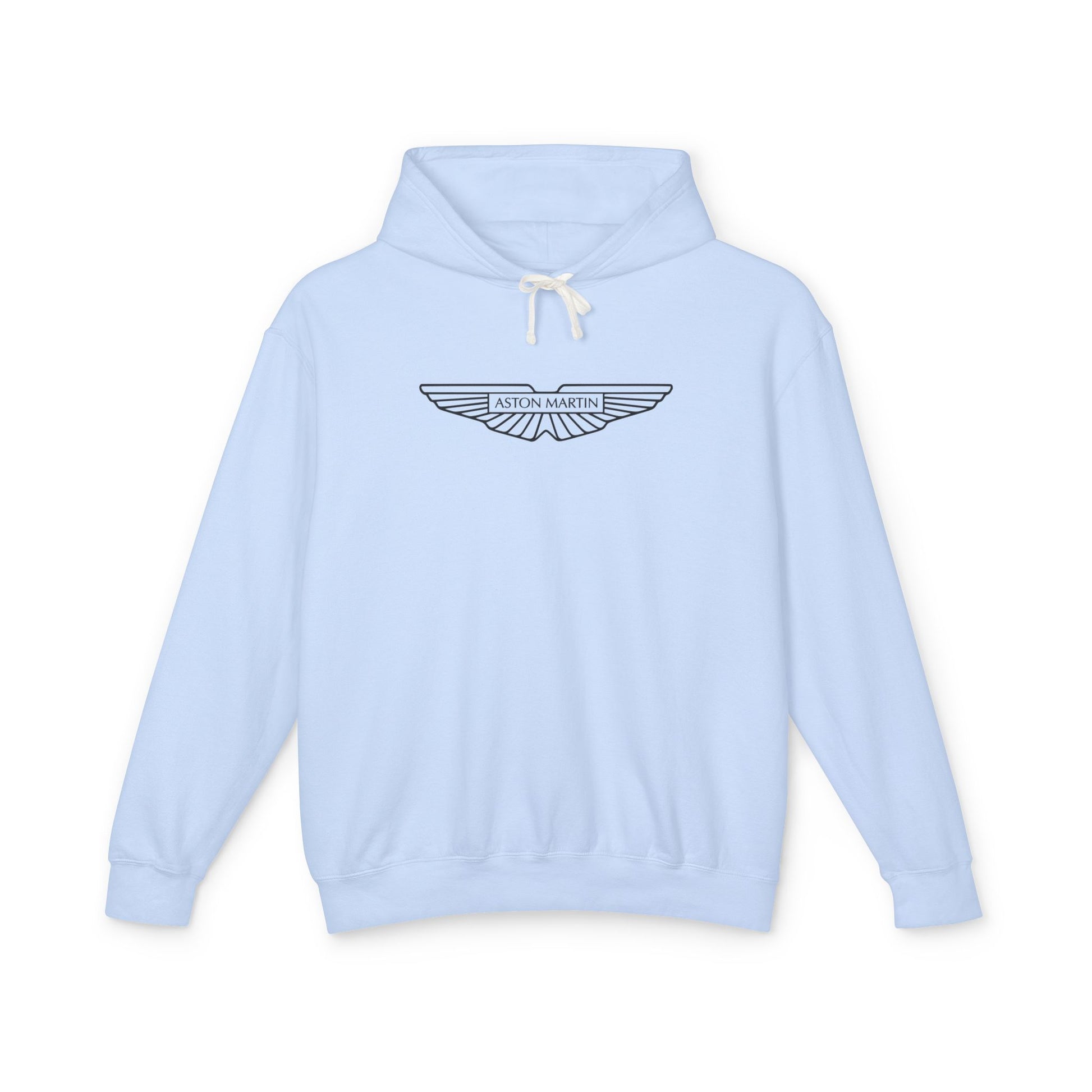 Hydrangea or Light Blue hoodie with Aston Martin logo in black on the front, featuring a natural-colored flatcord hood.