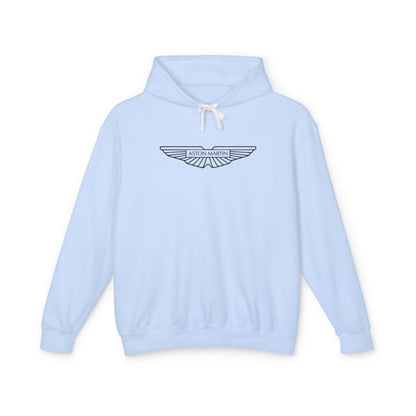 Hydrangea or Light Blue hoodie with Aston Martin logo in black on the front, featuring a natural-colored flatcord hood.