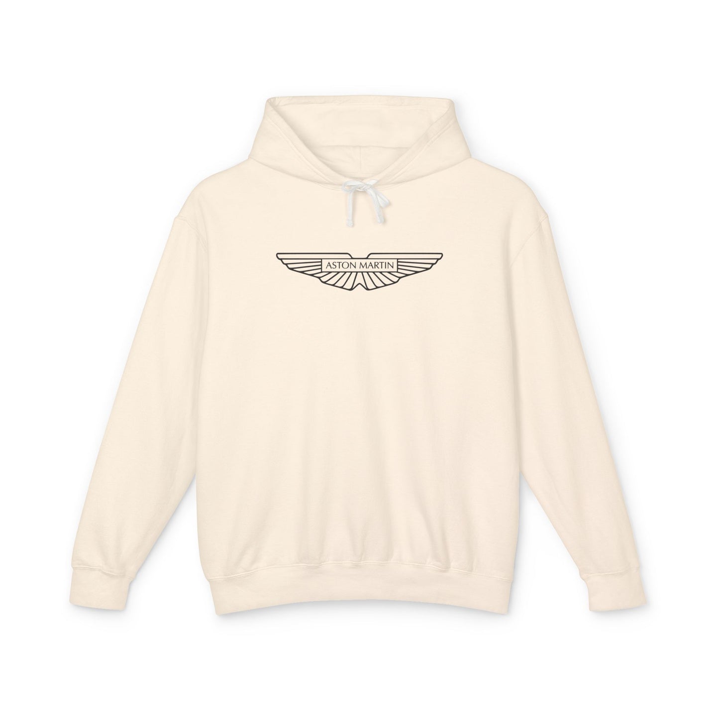 Ivory or Cream hoodie with Aston Martin logo in black on the front, featuring a natural-colored flatcord hood.