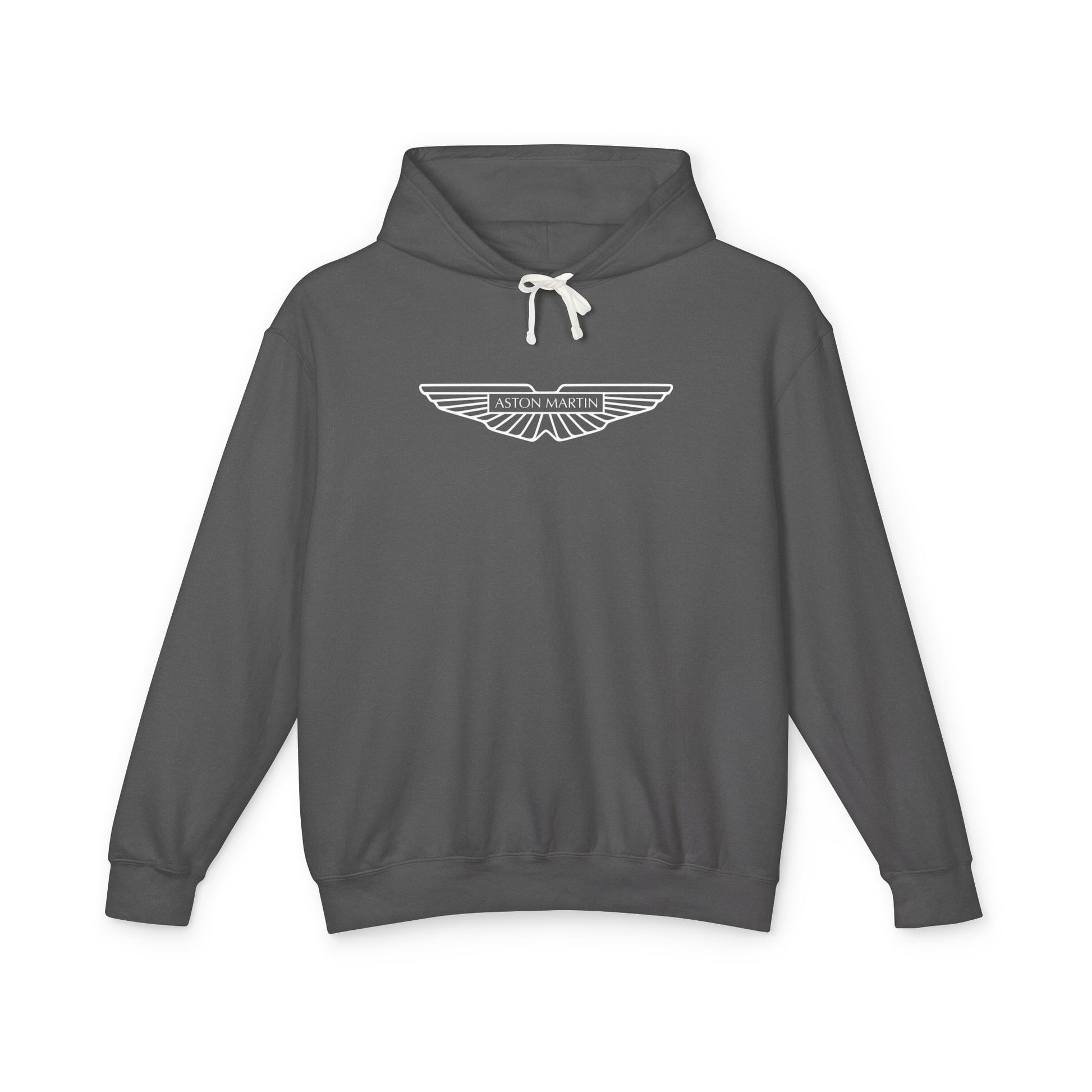 Pepper or Dark Grey hoodie with Aston Martin logo in white on the front, featuring a natural-colored flatcord hood.