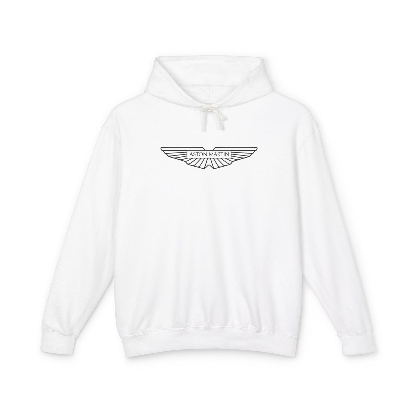 White hoodie with Aston Martin logo in black on the front, featuring a natural-colored flatcord hood.