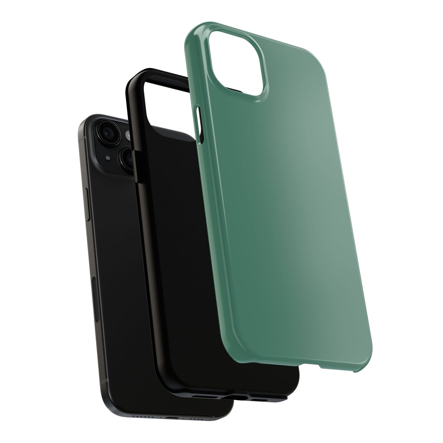 Exploded view of the iPhone 15 Plus Aston Martin Racing Green phone case. 