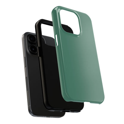 Exploded view of the iPhone 15 Pro Aston Martin Racing Green phone case. 