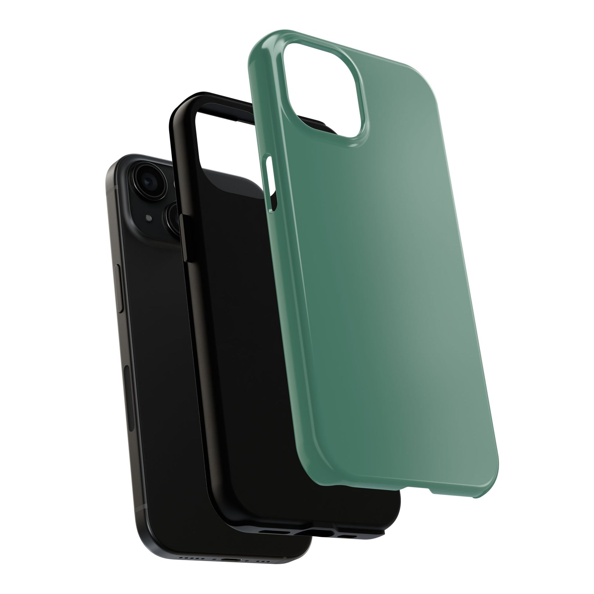 Exploded view of the iPhone 15 Aston Martin Racing Green phone case. 