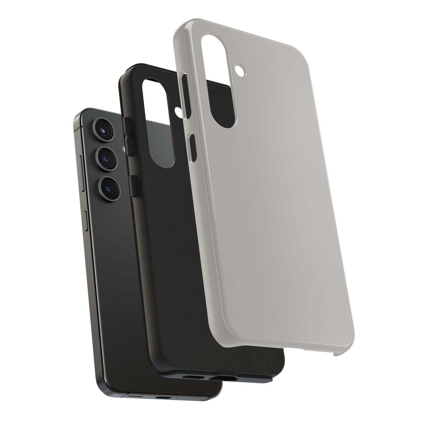 Exploded view of the Samsung Galaxy S24 Aston Martin Silver Birch phone case. 