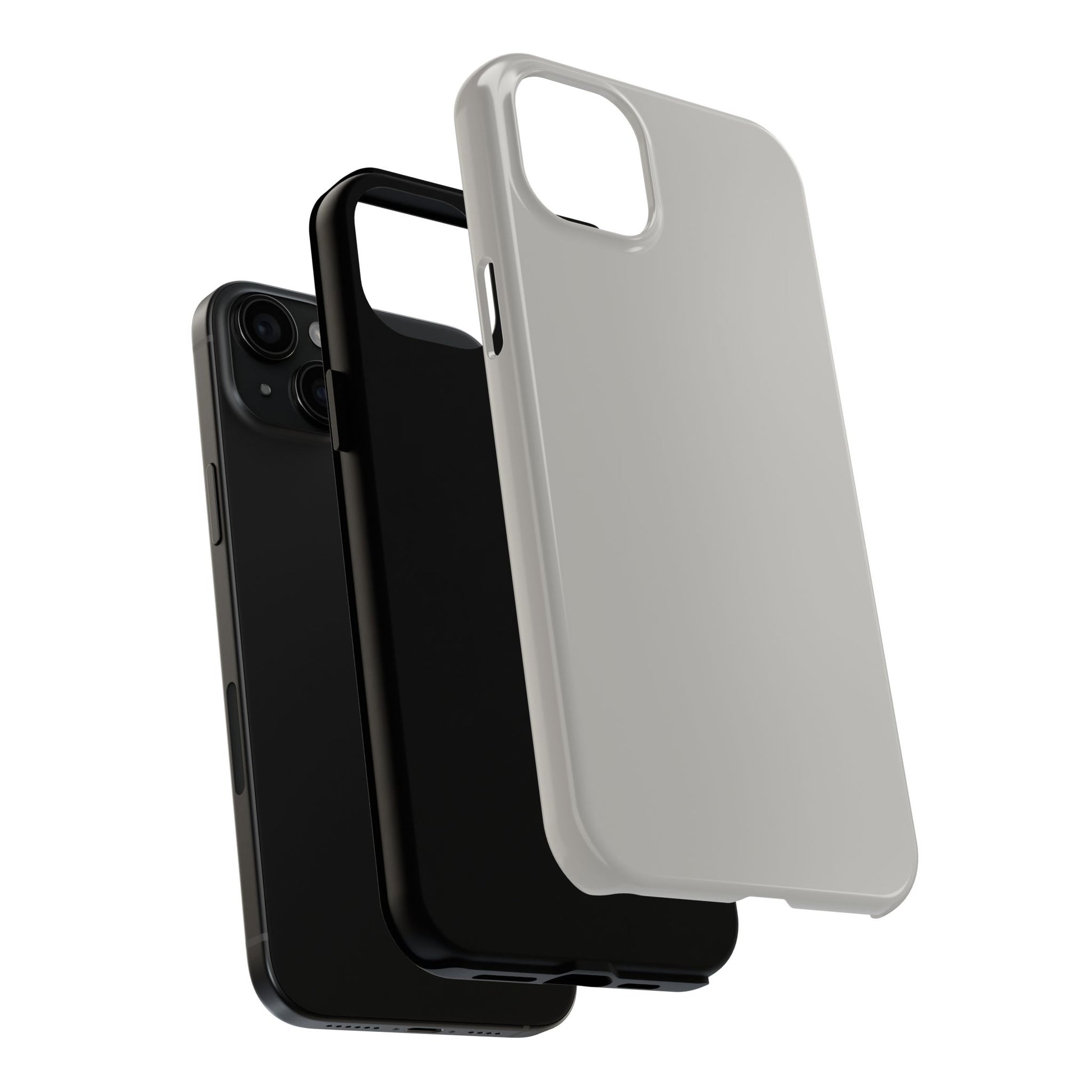 Exploded view of the iPhone 15 Plus Aston Martin Silver Birch phone case. 