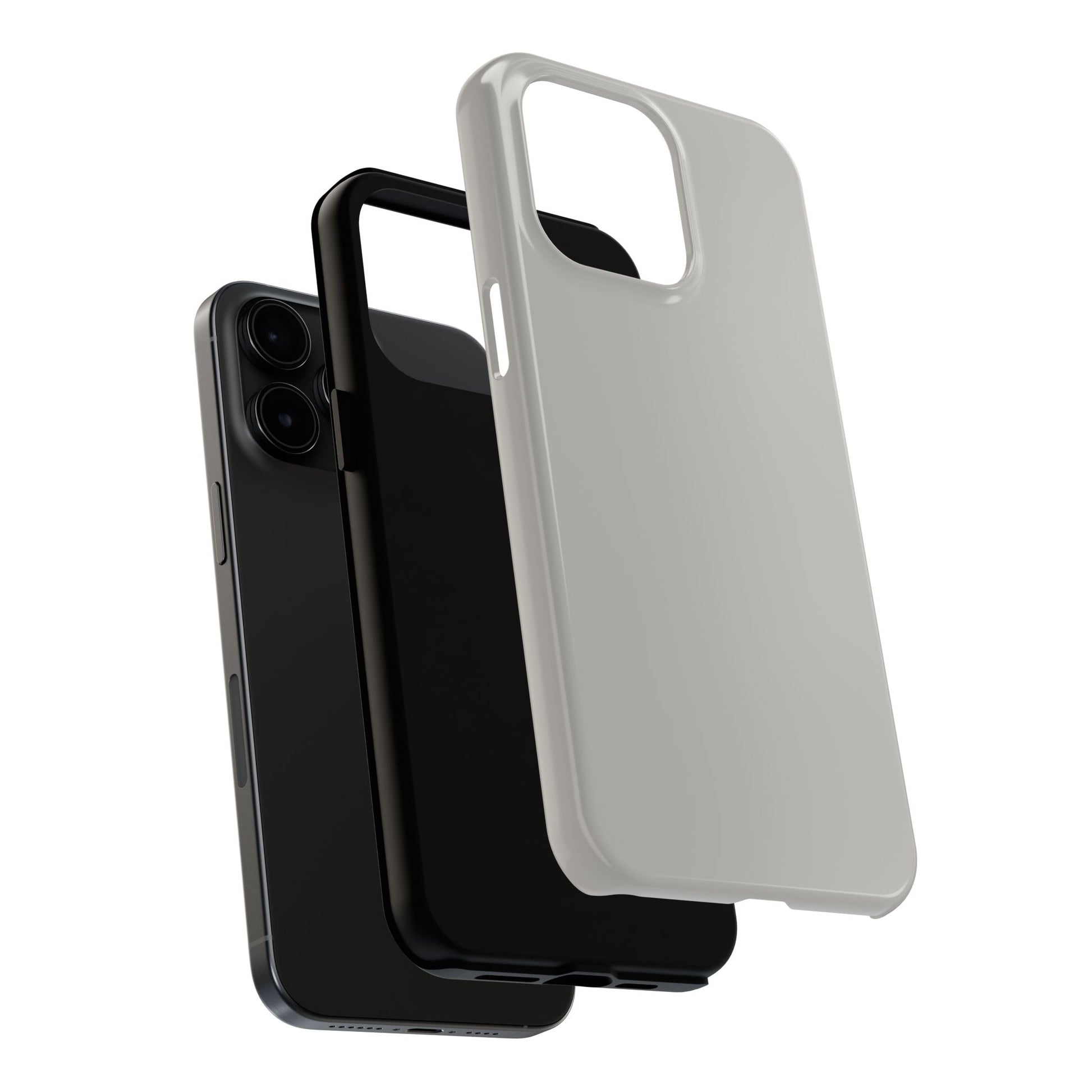 Exploded view of the iPhone 15 Pro Max Aston Martin Silver Birch phone case. 