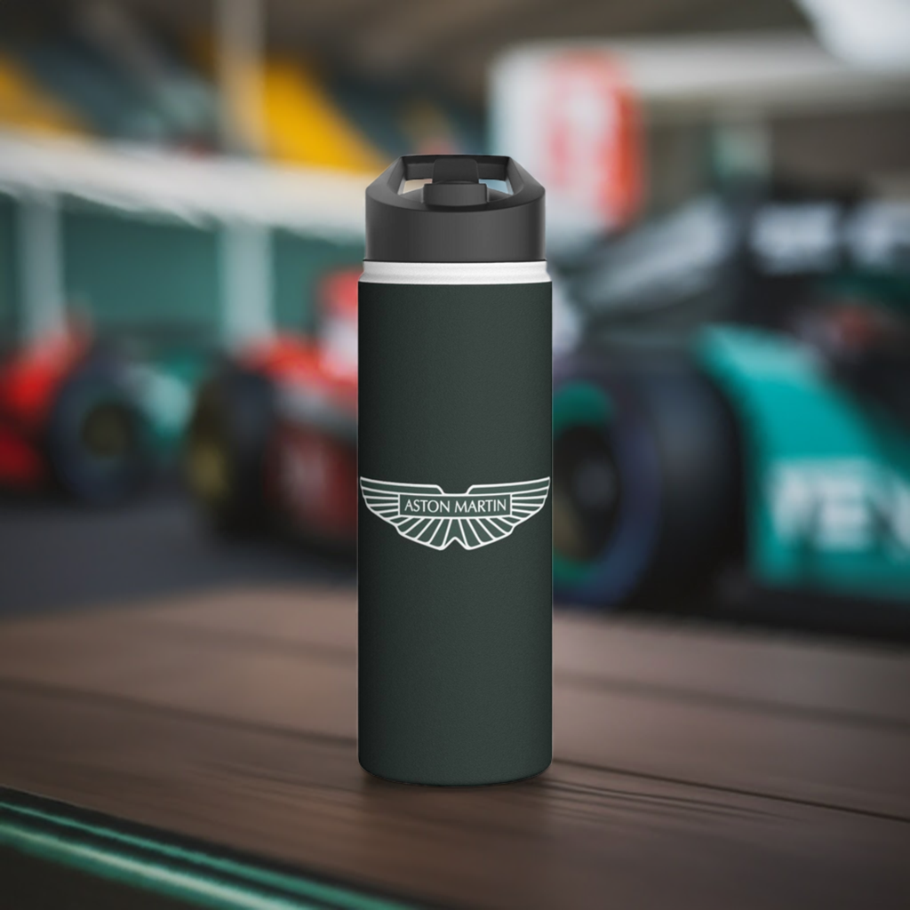 Aston Martin Water Bottle on a table at an F1 race track