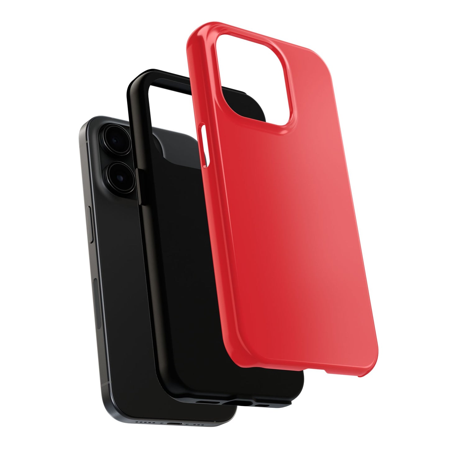 Exploded view of the iPhone 15 Pro Aston Martin Volcano Red phone case. 