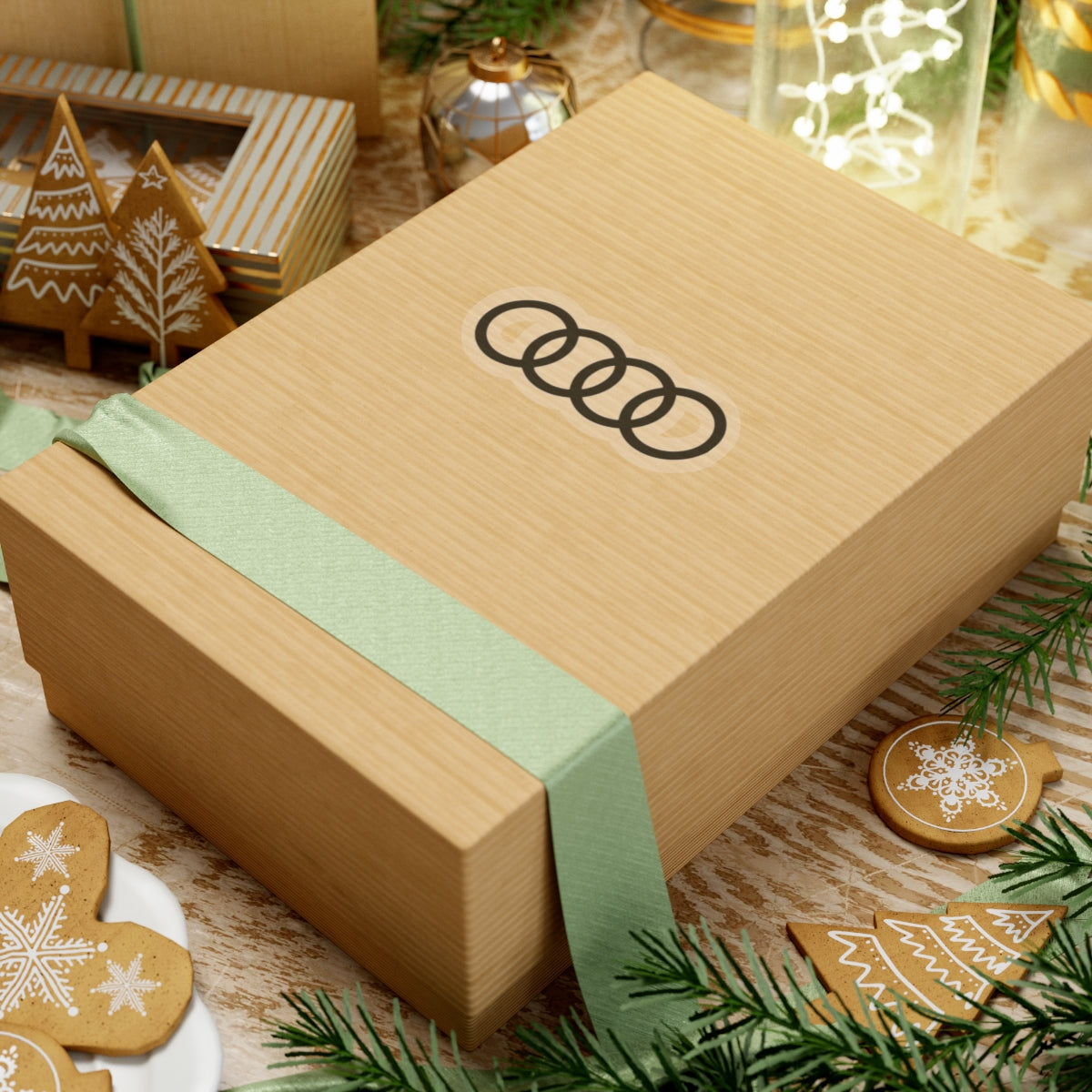 4 inch transparent sticker of the Audi emblem on box for scale
