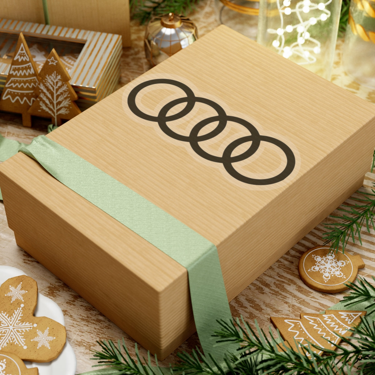 6 inch transparent sticker of the Audi emblem on box for scale
