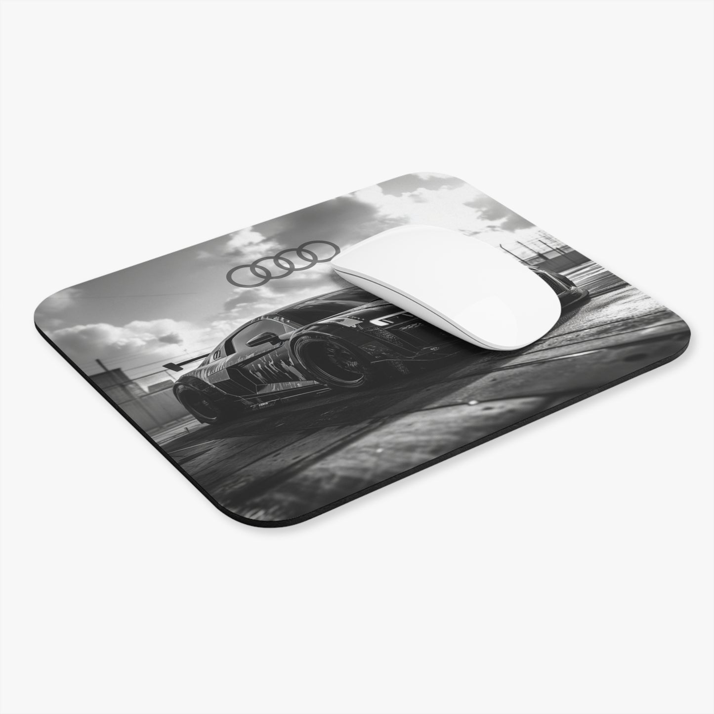 Angled view of the Audi R8 mouse pad on a white background