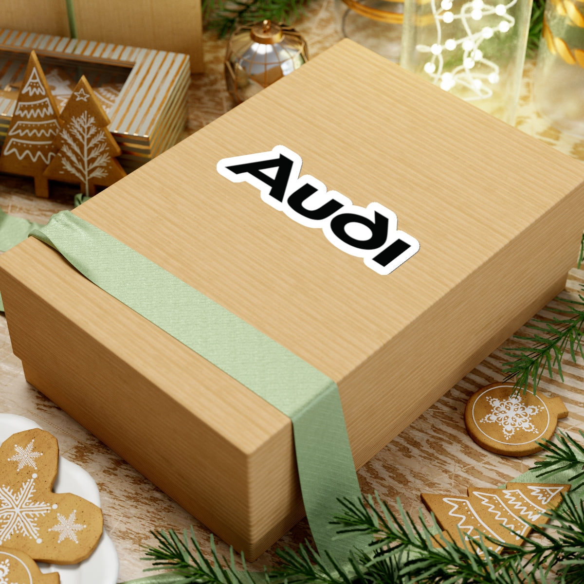 4 inch white sticker of the Audi logo on box for scale
