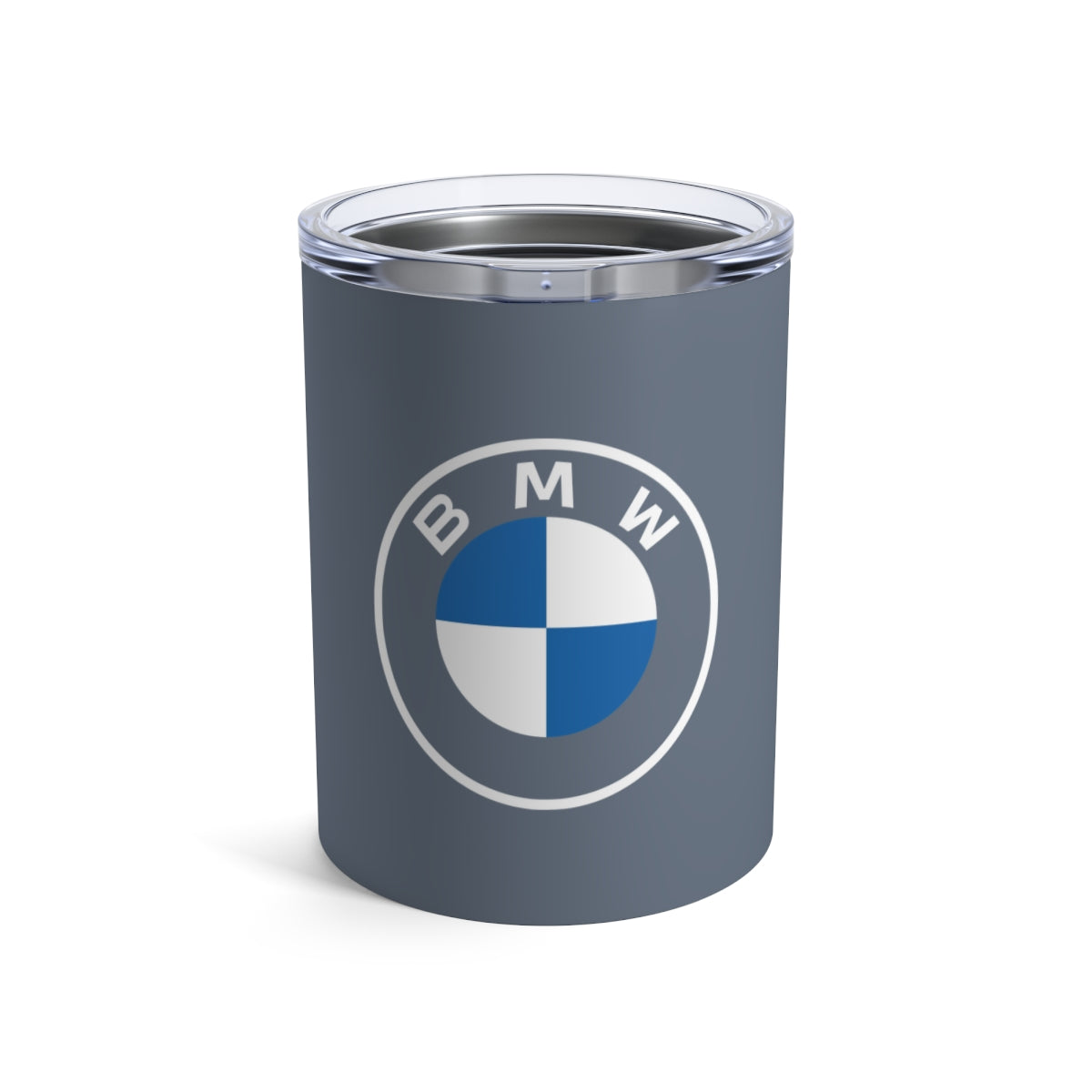 BMW tumbler in Davit Grey with the BMW logo.