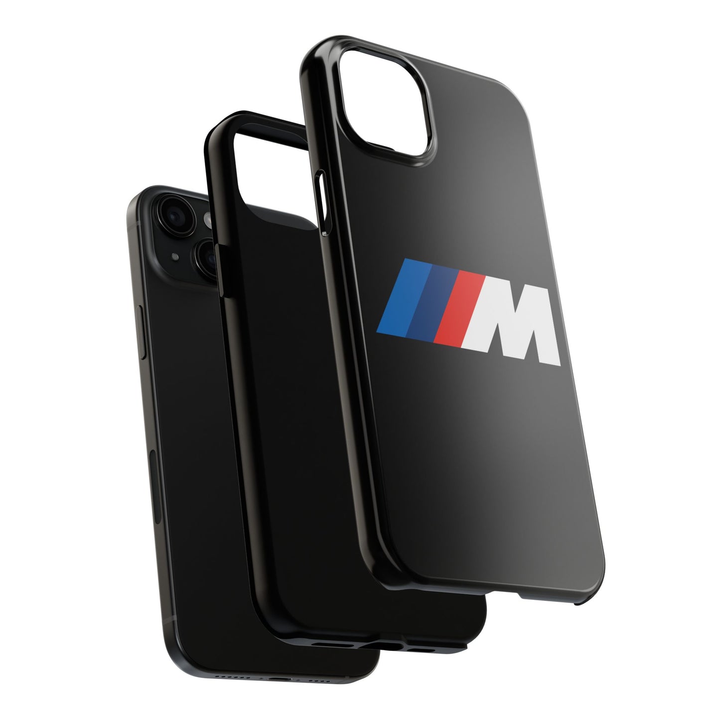 Exploded view of the Black iPhone 15 Plus BMW M phone case.