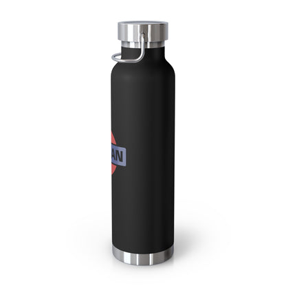 Right View of Black Vintage Nissan Water Bottle. Vacuumed insulated Nissan Water Bottle