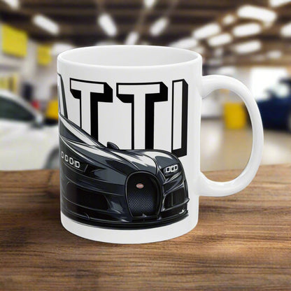 Right View of the Bugatti Chiron Coffee Cup in a car garage. Bugatti Chiron-inspired coffee mug