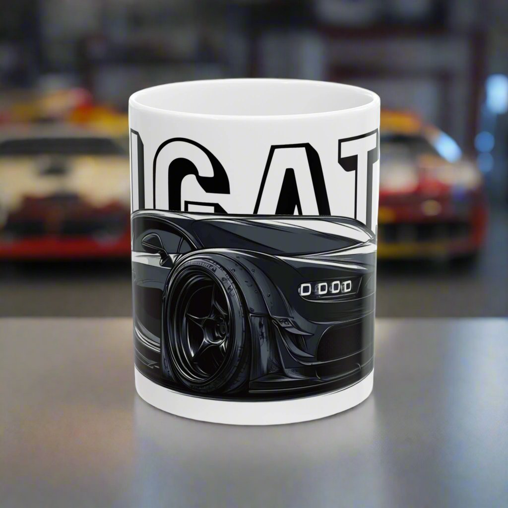 Front View of the Bugatti Chiron Coffee Cup in a car garage. Bugatti drinkware