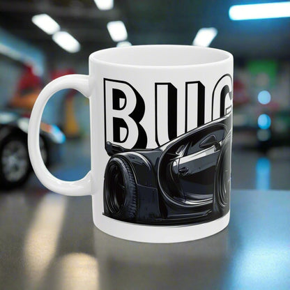 Left View of the Bugatti Chiron Coffee Cup in a car garage. Bugatti coffee mug
