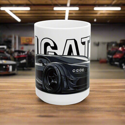 Front View of the Bugatti Chiron Coffee Cup in a car garage. Bugatti Chiron mug