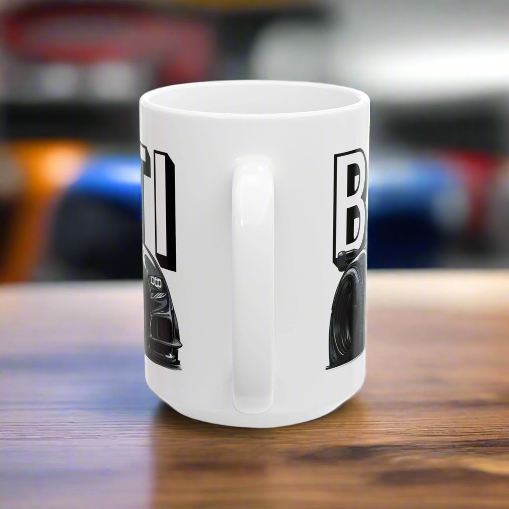 Handle View of the Bugatti Chiron Coffee Cup in a car garage. Luxury Bugatti Chiron drinkware
