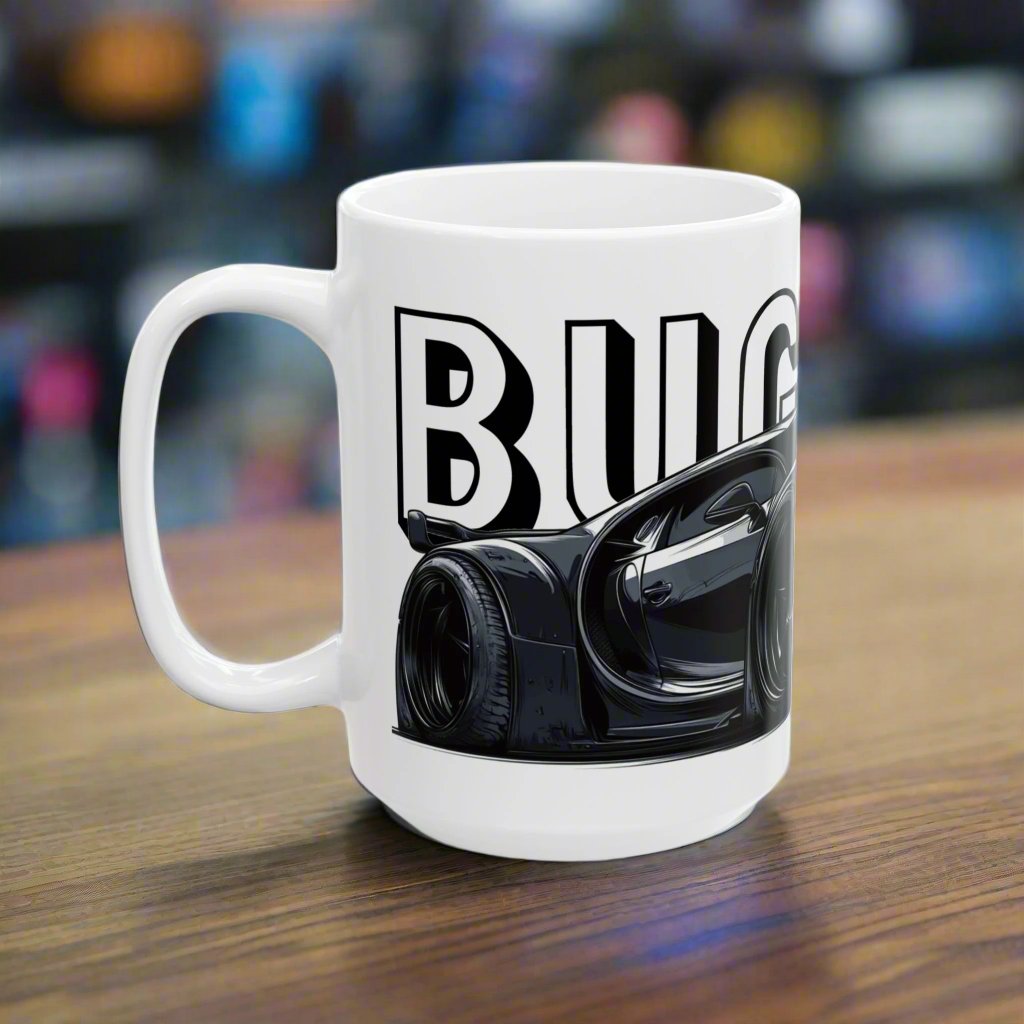 Left View of the Bugatti Chiron Coffee Cup in a car garage. Bugatti drinkware