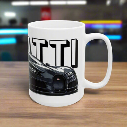 Right View of the Bugatti Chiron Coffee Cup in a car garage. High-quality Bugatti coffee mug for car lovers