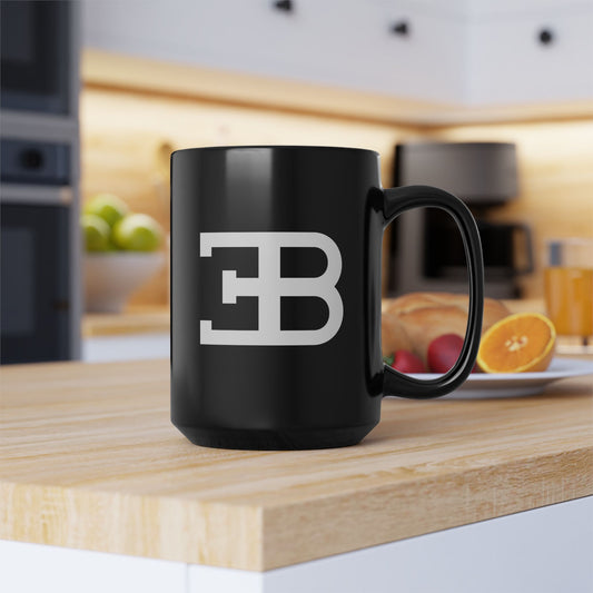 Bugatti Coffee Mug sitting on a wood countertop. Bugatti Mug for hyper car enjoyers