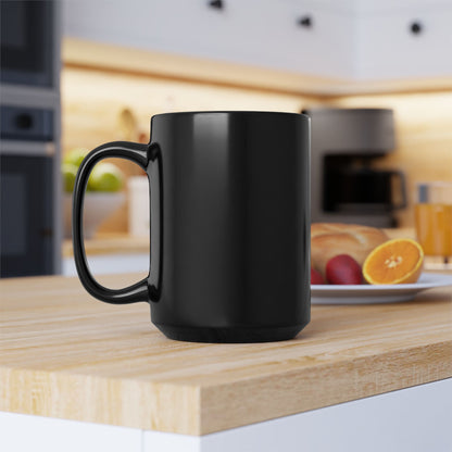 Bugatti Mug on a wood countertop in a kitchen. Blank side of the mug.